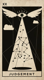 A tarot-style card illustration reading 'JUDGEMENT' with 'XX' at the top left. The design shows a black background, a beige central triangle, clouds, geometric lines, and a winged eye above the figure.