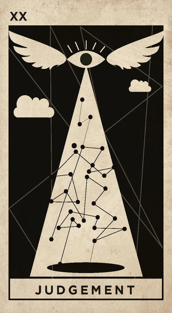 A tarot-style card illustration reading 'JUDGEMENT' with 'XX' at the top left. The design shows a black background, a beige central triangle, clouds, geometric lines, and a winged eye above the figure.
