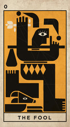 A stylized tarot card design reading 'THE FOOL' with a black abstract human figure and eyes on a warm tan background, framed by a thin black border.