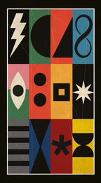 A square abstract art print featuring a 3x3 grid of colorful geometric shapes and symbols, including a lightning bolt, semicircle, numeral 8, eye motif, circles, square, starburst, stripes, hourglass, and asterisk, set against a black background with a thin white border.