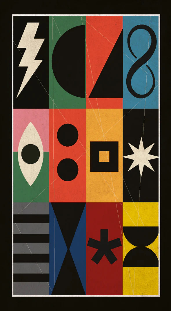 A square abstract art print featuring a 3x3 grid of colorful geometric shapes and symbols, including a lightning bolt, semicircle, numeral 8, eye motif, circles, square, starburst, stripes, hourglass, and asterisk, set against a black background with a thin white border.