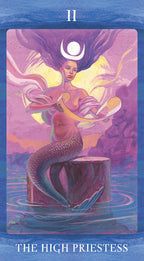 Tarot card featuring a mermaid-like figure with a crescent moon symbol, set against a blue and purple gradient background.
