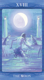 Tarot card titled 'The Moon' with a person, cat, and moonlit scene.