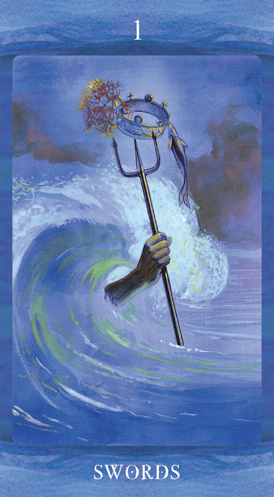 Tarot card featuring a hand holding a sword with a decorative sheath against a blue background
