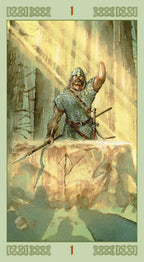 Illustration of a warrior standing on a stone platform with runes, holding a spear, in a forest setting.