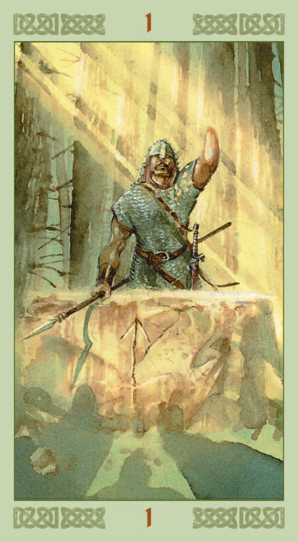 Illustration of a warrior standing on a stone platform with runes, holding a spear, in a forest setting.