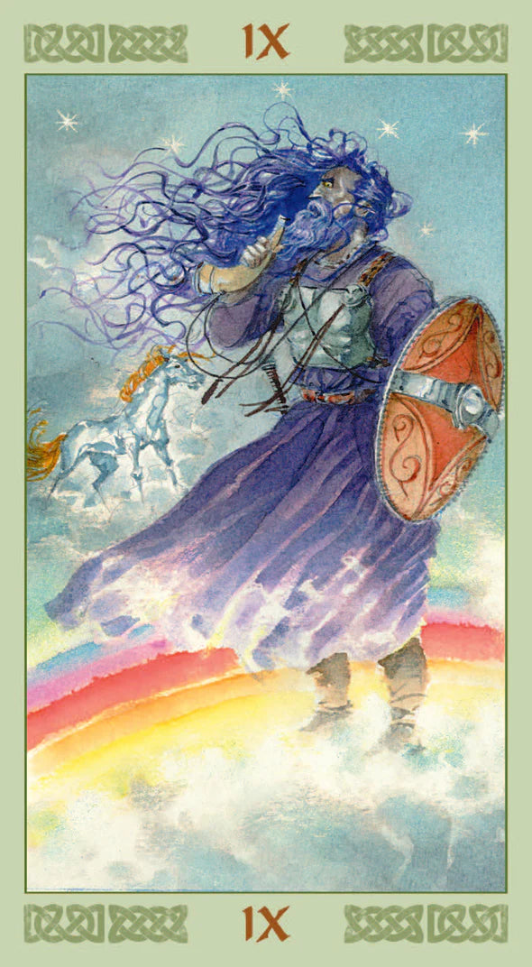 Tarot card with a figure holding a shield and spear, standing on a rainbow, with 'IX' at the top and bottom corners.