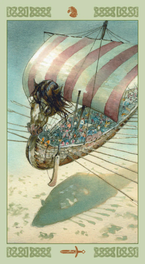 Decorative illustration of a ship with striped sails and intricate details, framed by decorative elements.