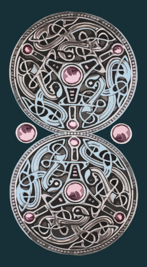 Two decorative circles on a green background. This is the back side of the Vikings Tarot