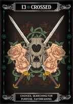 Artistic design featuring a skull with crossed swords and roses on a dark background, with text '13 Crossed' and 'Choices, Searching for Purpose, Daydreaming'.