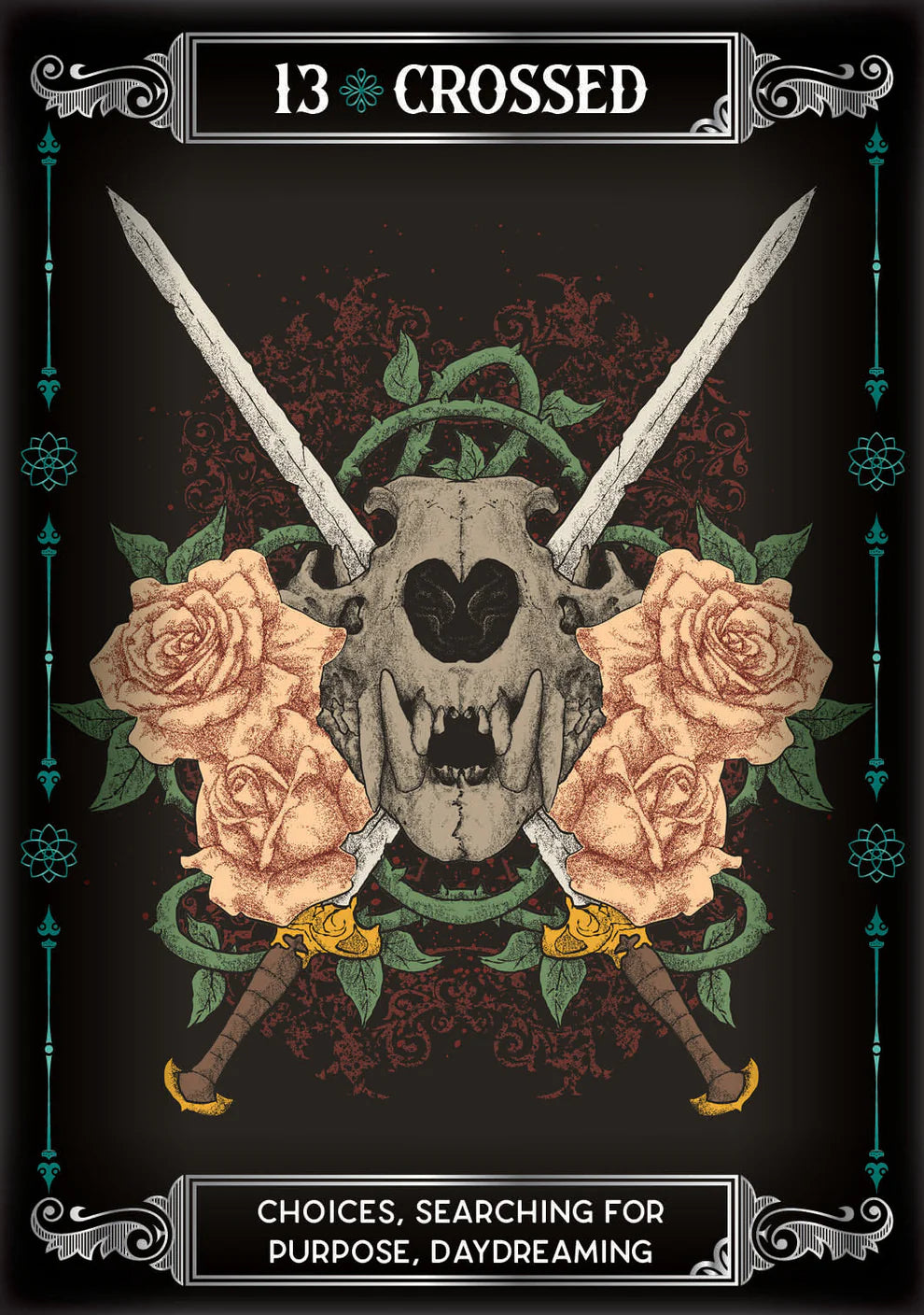 Artistic design featuring a skull with crossed swords and roses on a dark background, with text '13 Crossed' and 'Choices, Searching for Purpose, Daydreaming'.