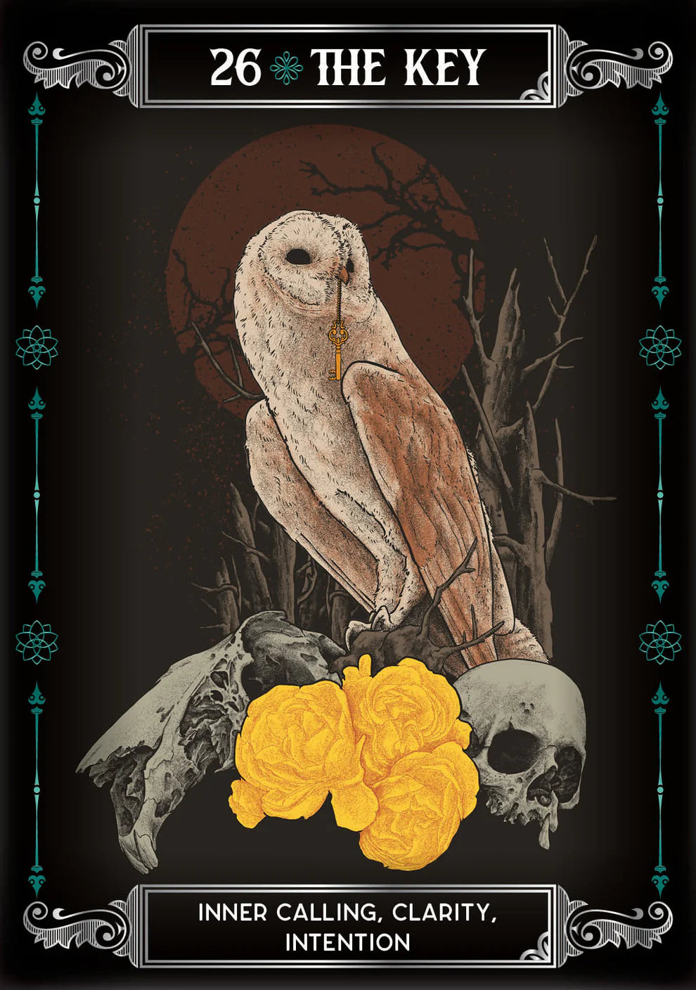 Tarot card featuring an owl, skull, and flowers with decorative elements on a dark background.