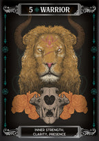 Illustration of a lion with a skull and floral elements on a dark background, labeled 'Warrior'.