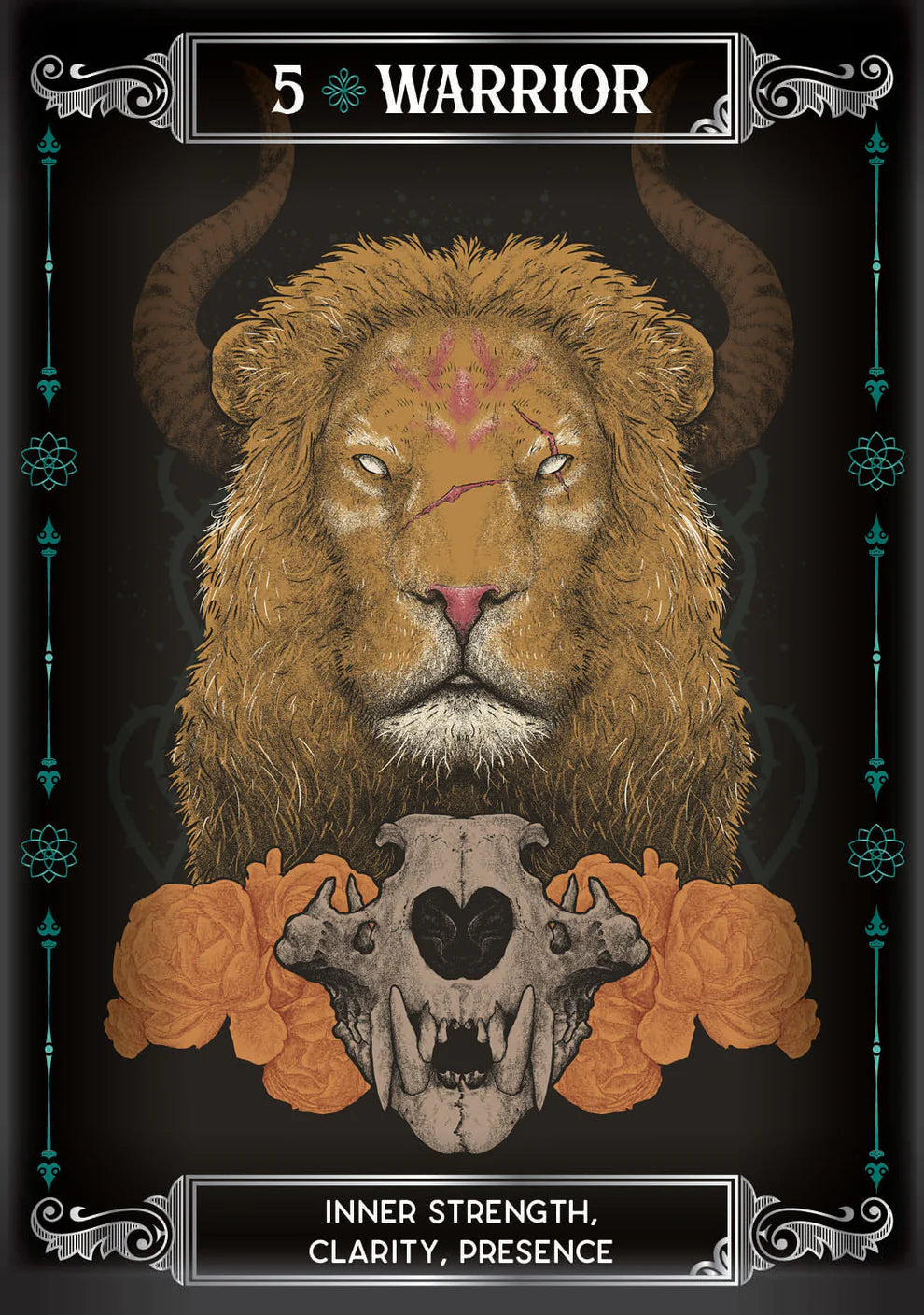 Illustration of a lion with a skull and floral elements on a dark background, labeled 'Warrior'.