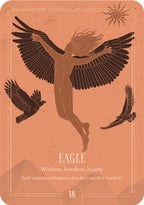 Design of a person with wings and three birds on an orange background with text about eagles.