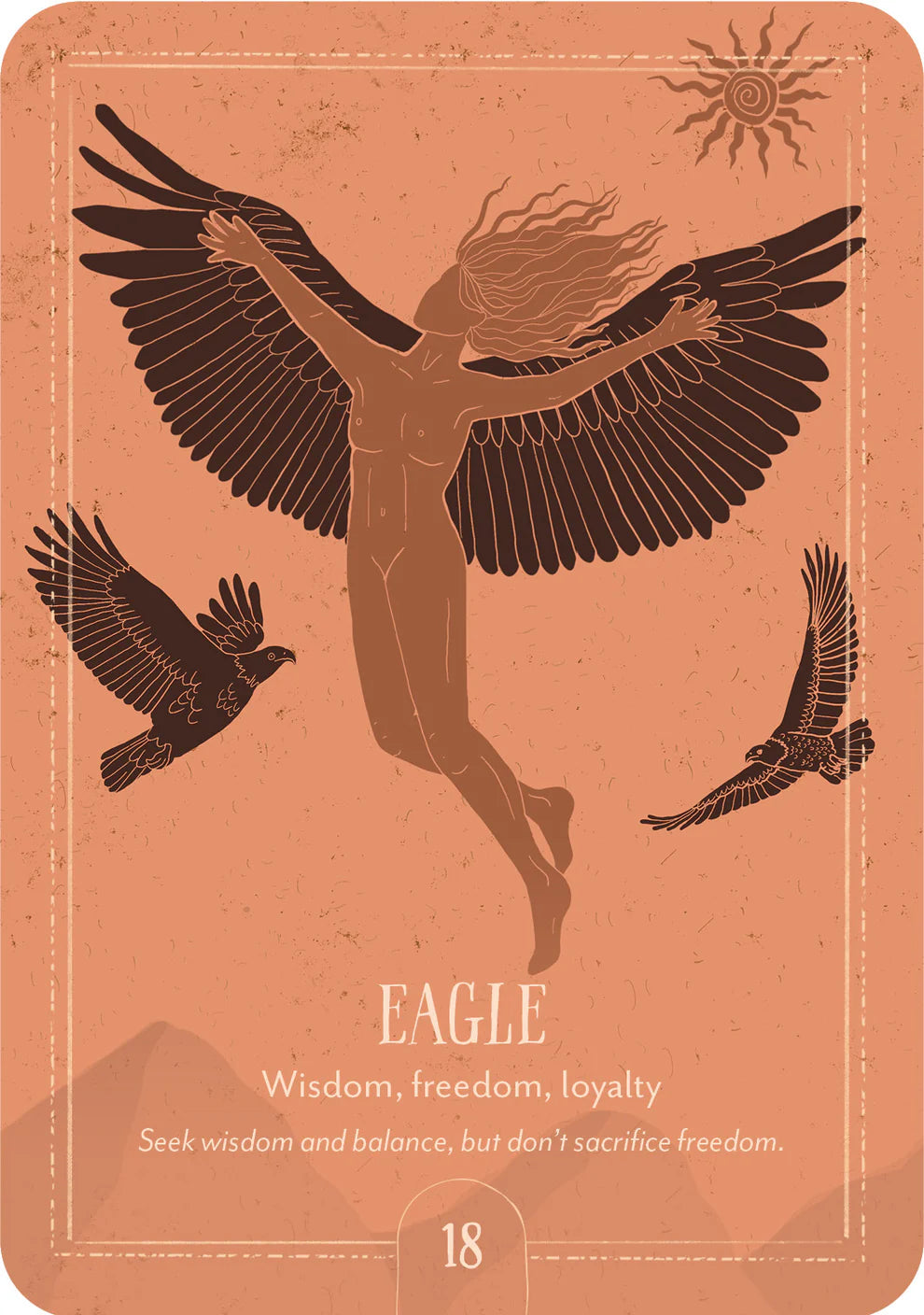 Design of a person with wings and three birds on an orange background with text about eagles.