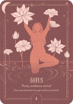 Illustration of a woman surrounded by lotus flowers on a brown background with text 'Lotus: Purity, resilience, revival'.