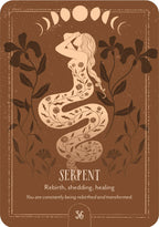 Card featuring a stylized serpent with moon phases and leaves on a brown background