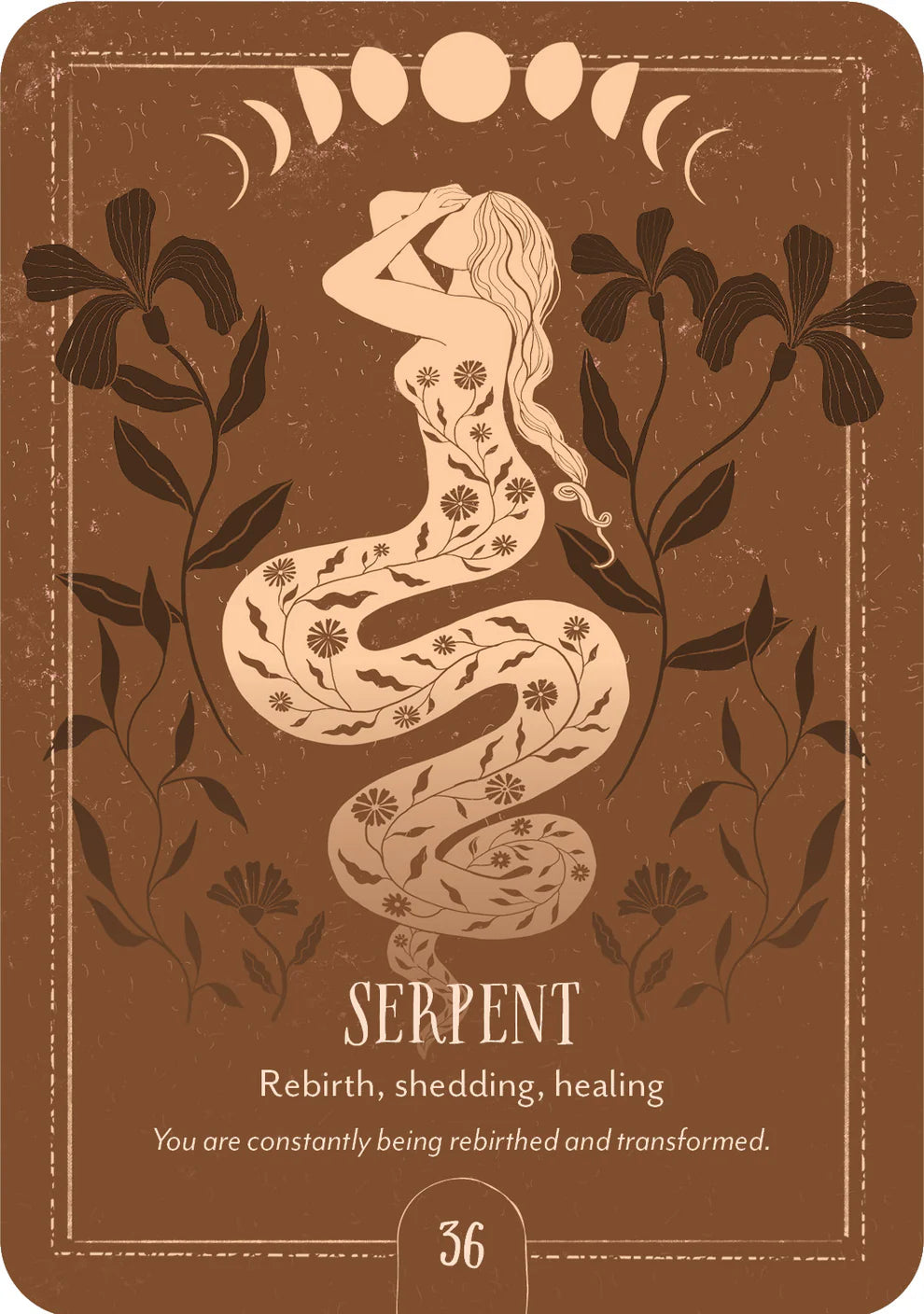 Card featuring a stylized serpent with moon phases and leaves on a brown background