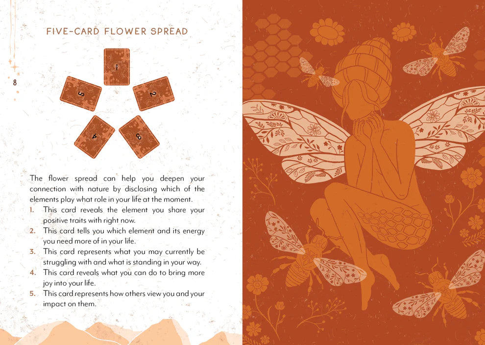 Magical card spread with fairy and flowers on a red background