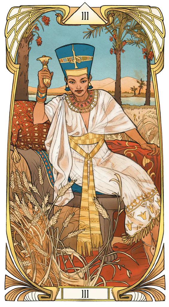 Tarot card with an Egyptian-themed figure holding a candle, surrounded by nature elements.