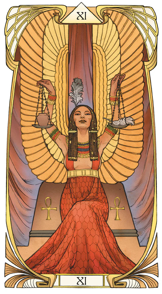 Tarot card featuring a winged figure holding scales and a feather, with a gold border and 'XI' at the top.