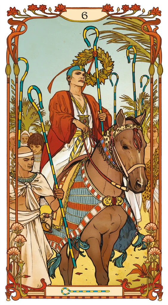Artistic depiction of a figure on horseback with decorative elements and a number '6' at the top.