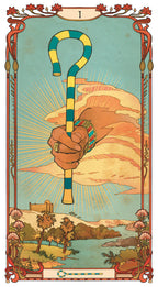 Vintage-style illustration of a hand holding a staff with a landscape in the background