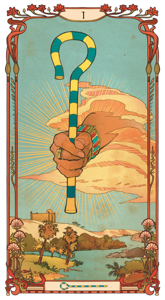 Vintage-style illustration of a hand holding a staff with a landscape in the background