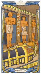 Egyptian-themed tarot card with three figures and a coffin