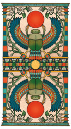 Decorative design with winged scarab beetles and sun symbols on a patterned background