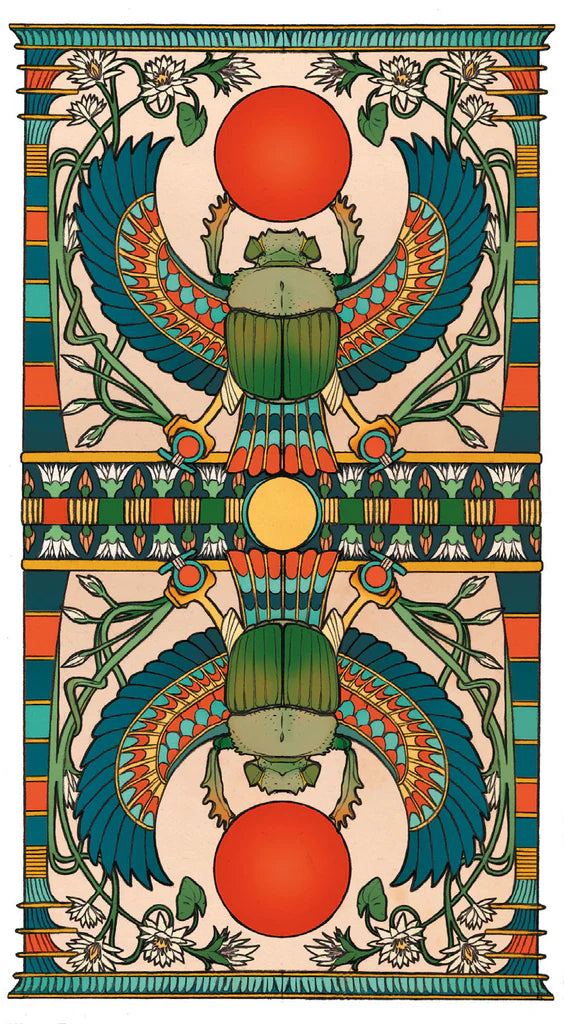 Decorative design with winged scarab beetles and sun symbols on a patterned background