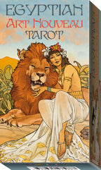 Egyptian Art Nouveau Tarot card box with a woman and lion illustration.