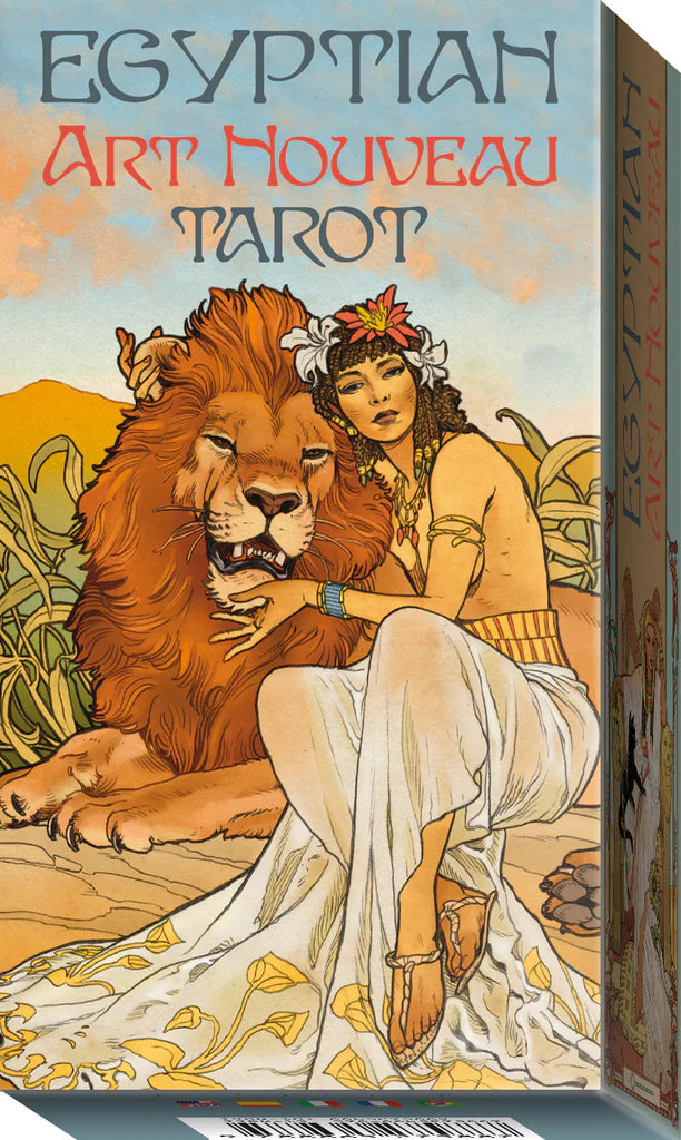Egyptian Art Nouveau Tarot card box with a woman and lion illustration.