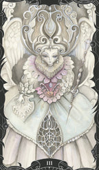 Decorative card with angelic figure and intricate design elements