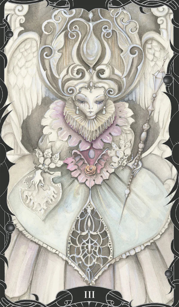 Decorative card with angelic figure and intricate design elements