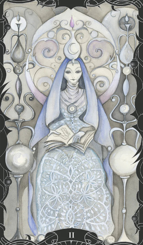Artistic depiction of a figure in a decorative setting with intricate patterns and a book.