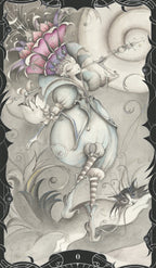 Fantasy illustration of a winged creature with floral elements and decorative border