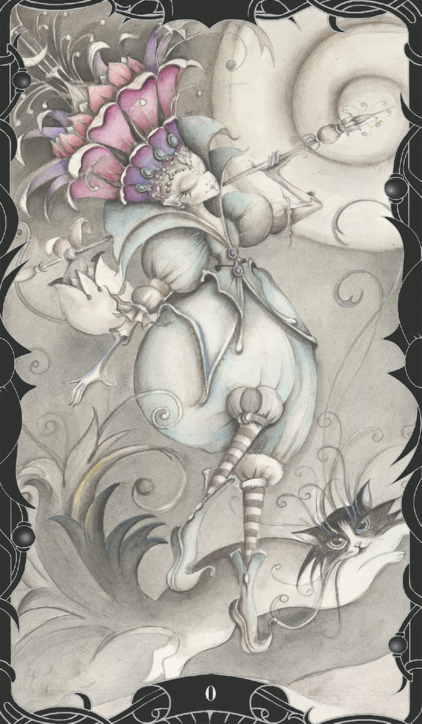 Fantasy illustration of a winged creature with floral elements and decorative border