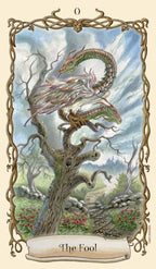 Card featuring a dragon on a tree with a decorative border and 'The Fool' text.