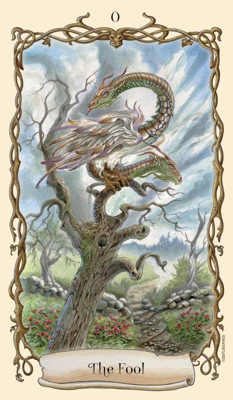 Card featuring a dragon on a tree with a decorative border and 'The Fool' text.