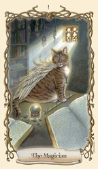 Cat with fairy wings on a tarot card titled 'The Magician'