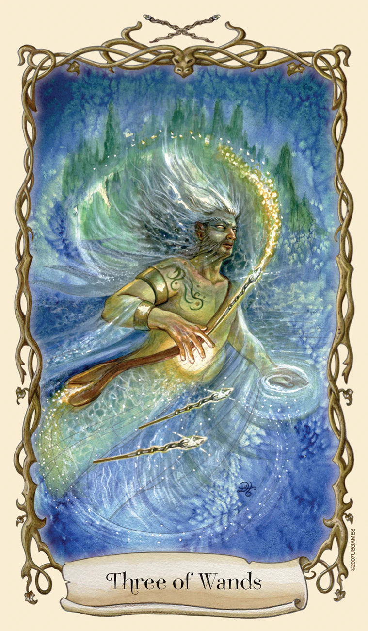 Card featuring a figure with wands against a blue and green background, labeled 'Three of Wands'.