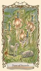 Four of Swords tarot card with foxes, lambs, and swords in a decorative frame.