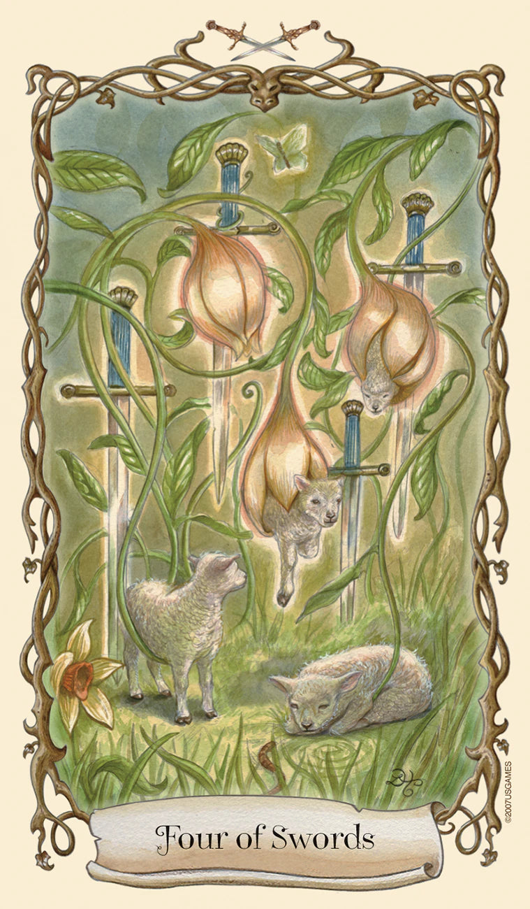 Four of Swords tarot card with foxes, lambs, and swords in a decorative frame.