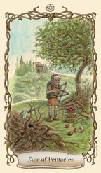 Card featuring a character by a tree with fruit, labeled 'Ace of Pentacles'.