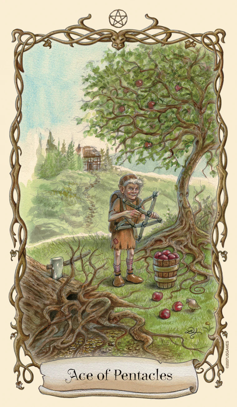 Card featuring a character by a tree with fruit, labeled 'Ace of Pentacles'.