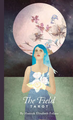 Book cover of 'The Field Tarot' with a woman, flowers, and a moon in the background.