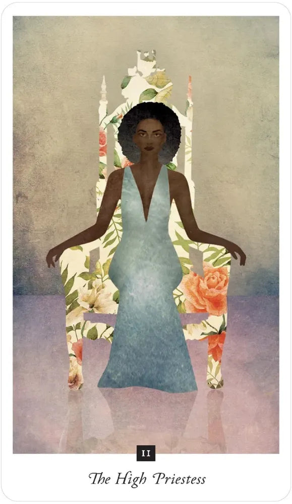 Card featuring a woman in a blue dress sitting on a floral throne with 'The High Priestess' text at the bottom.