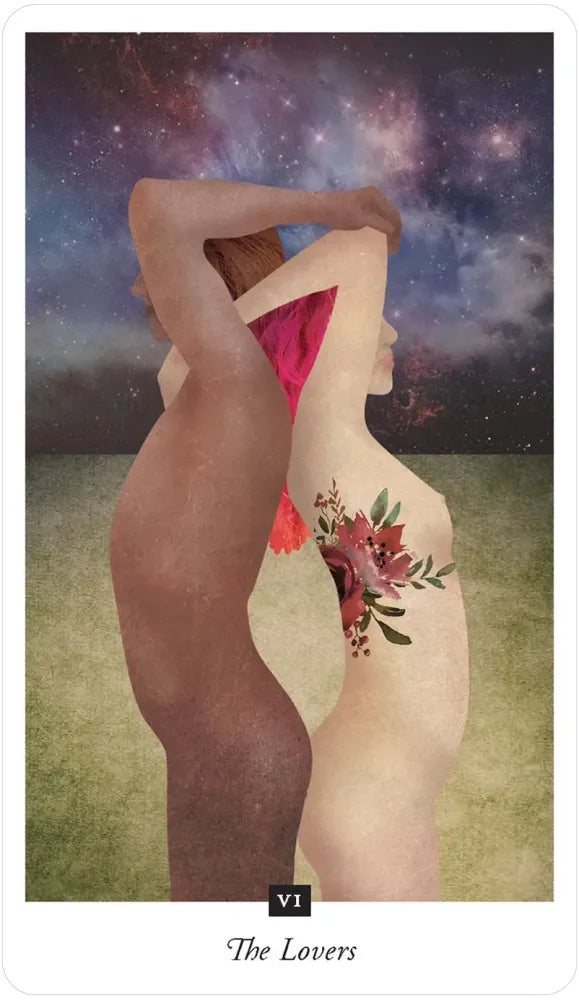 Card titled 'The Lovers' with two people embracing against a starry sky.